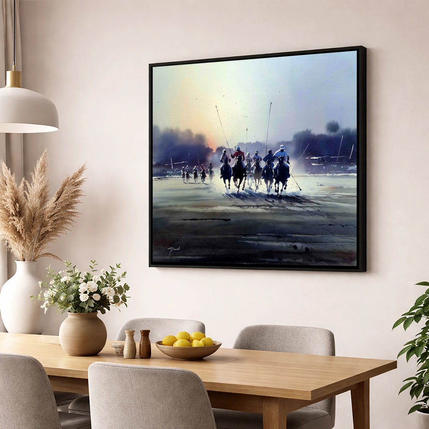 Thundering Polo Charge polo horse wall art displayed in a dining room