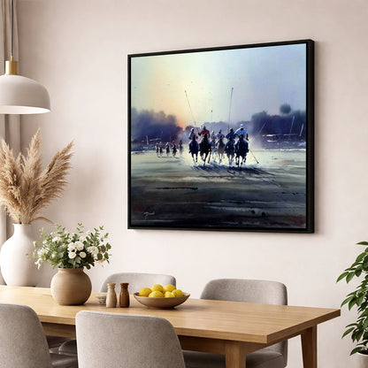 Thundering Polo Charge polo horse wall art displayed in a dining room