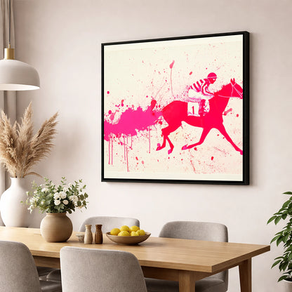 Magenta Racing Surge racing horse wall art displayed in a dining room