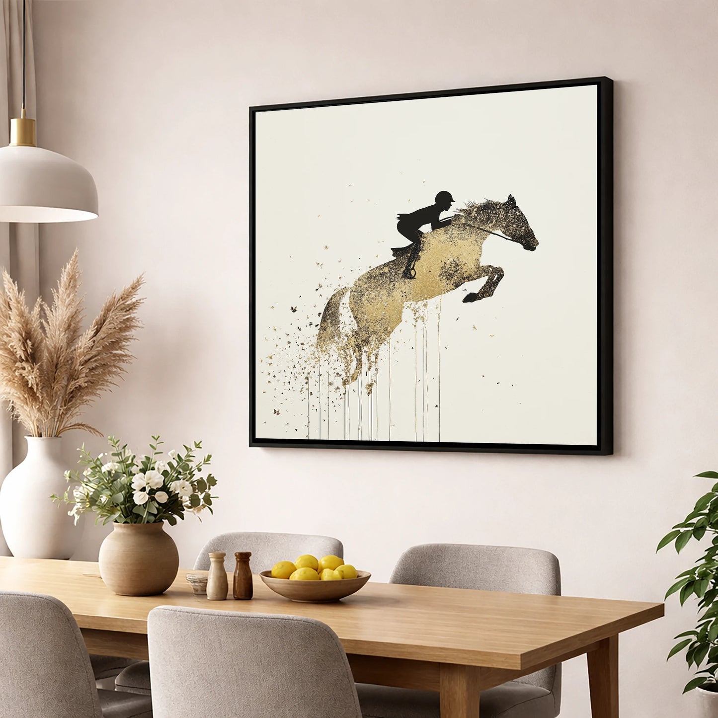 Airborne Gold show jumping horse wall art displayed in a dining room