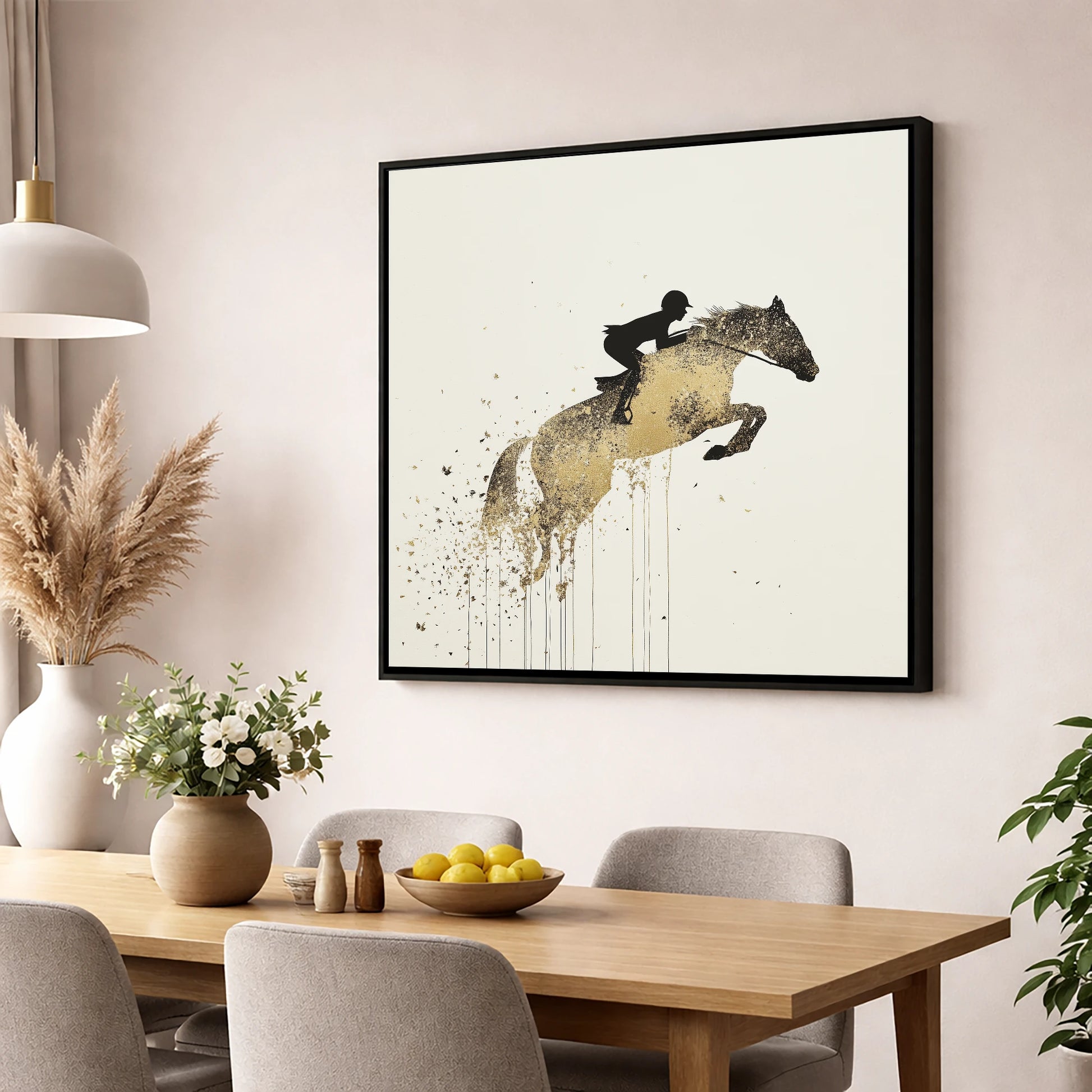 Airborne Gold show jumping horse wall art displayed in a dining room