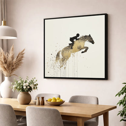 Airborne Gold show jumping horse wall art displayed in a dining room