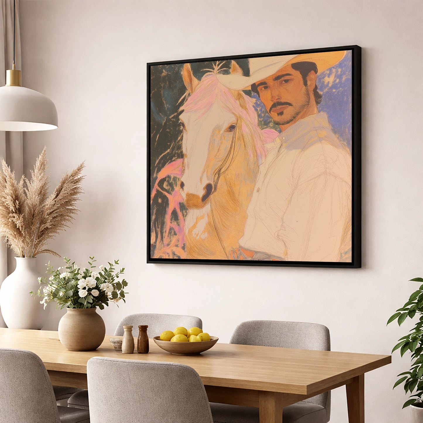 Painted Western Bond western horse wall art displayed in a dining room