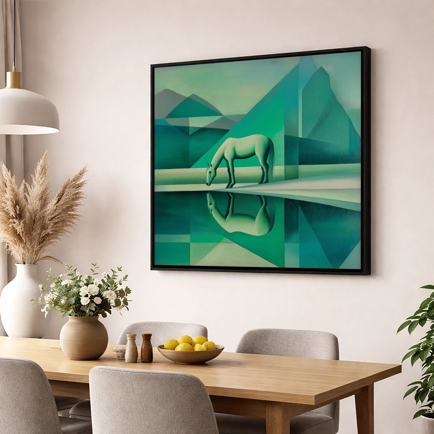 Emerald Geometric Serenity horse landscape wall art displayed in a dining room
