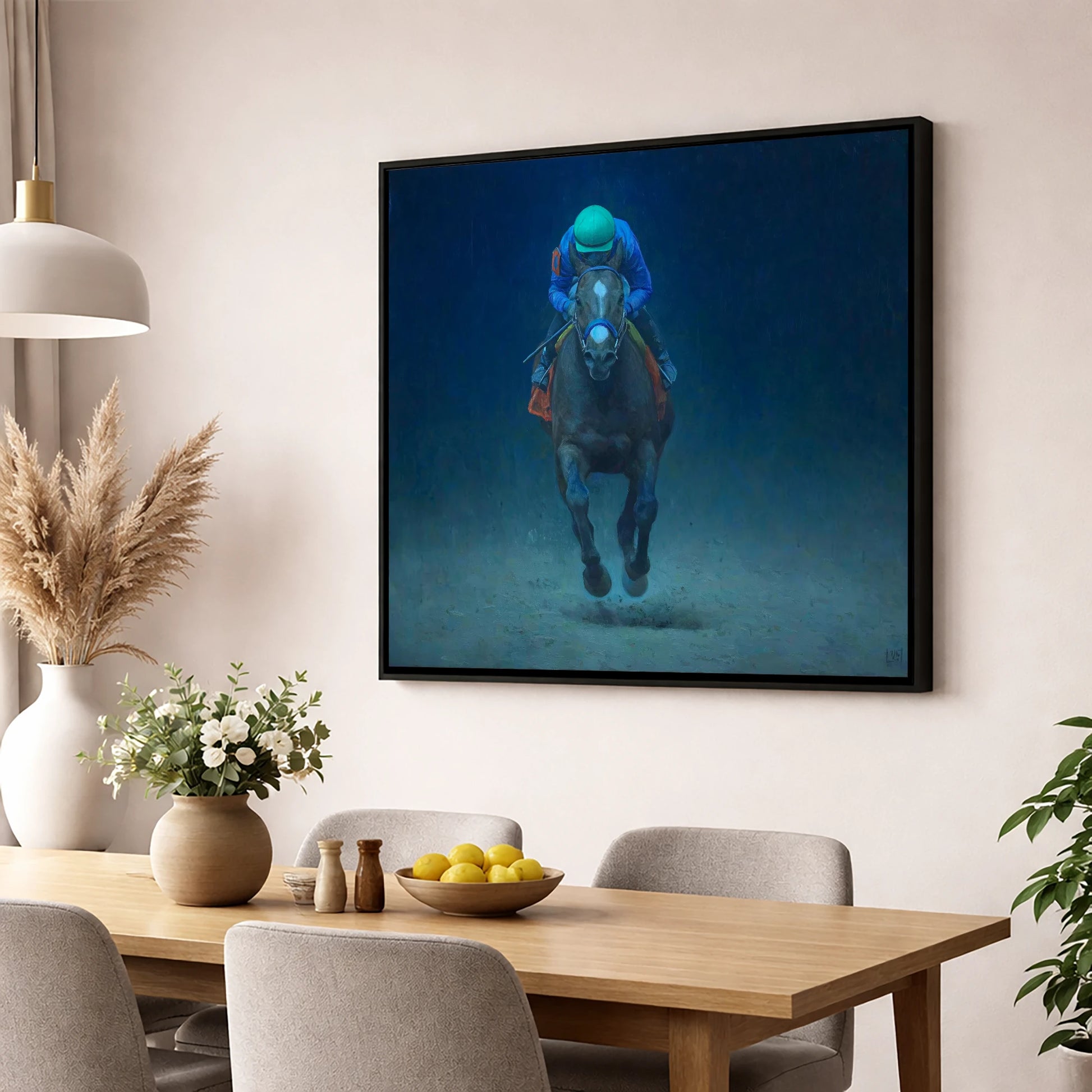 The Indigo Gallop racing horse wall art displayed in a dining room
