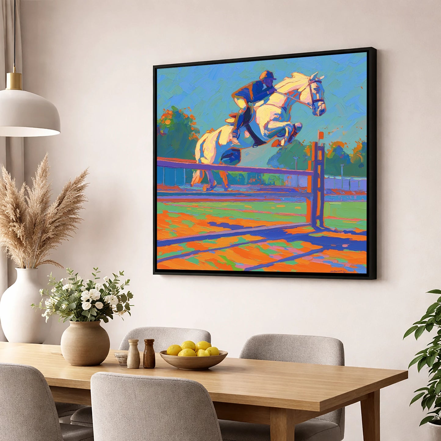 Vibrant Clearance show jumping horse wall art displayed in a dining room