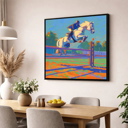 Vibrant Clearance show jumping horse wall art displayed in a dining room