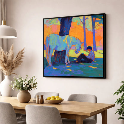 Shared Solitude horse & rider wall art displayed in a dining room