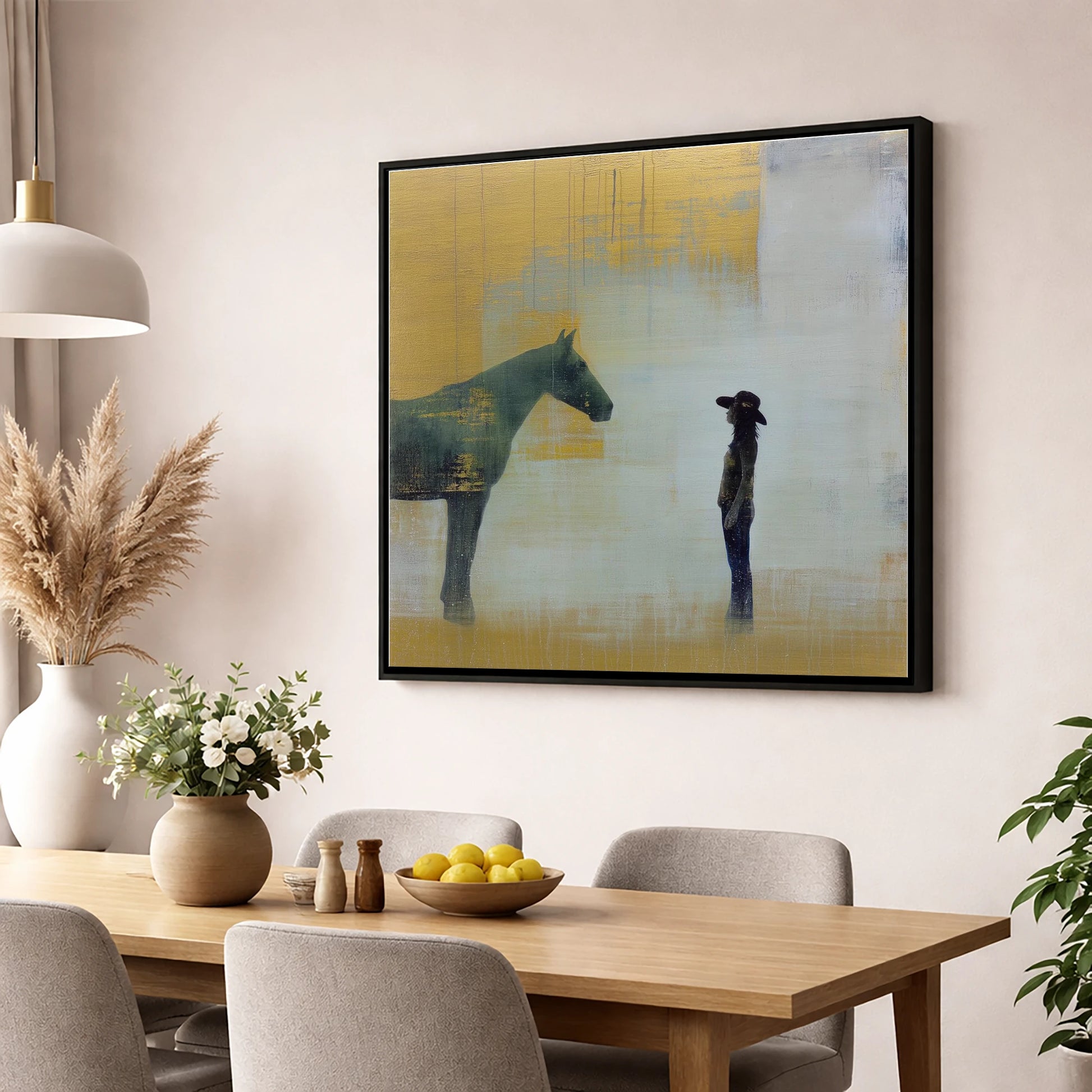 A Quiet Understanding western horse wall art displayed in a dining room