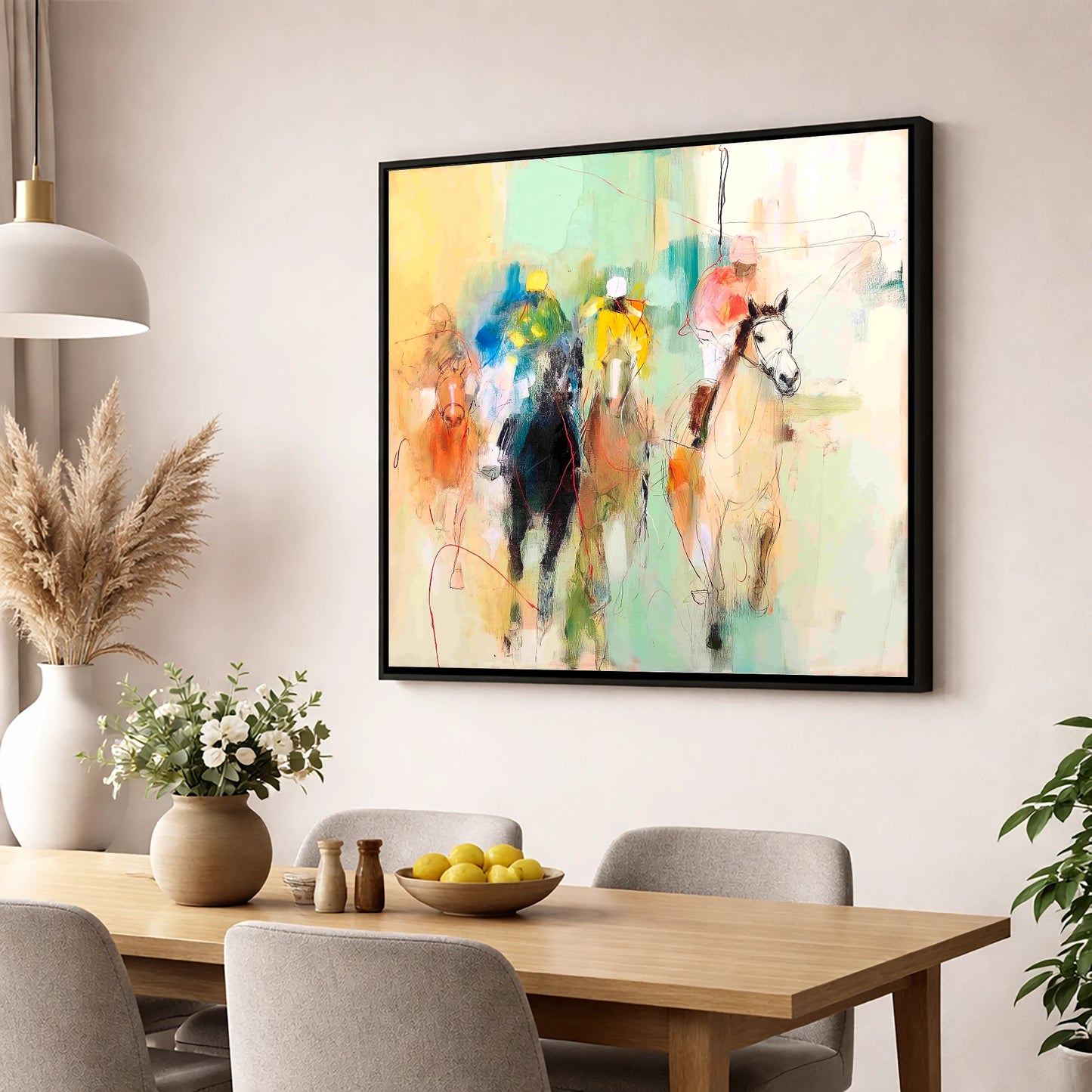 Thundering Silhouettes racing horse wall art displayed in a dining room