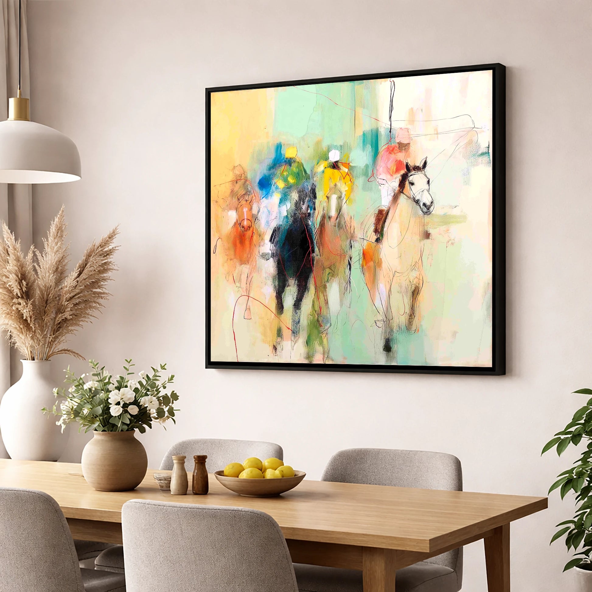 Thundering Silhouettes racing horse wall art displayed in a dining room