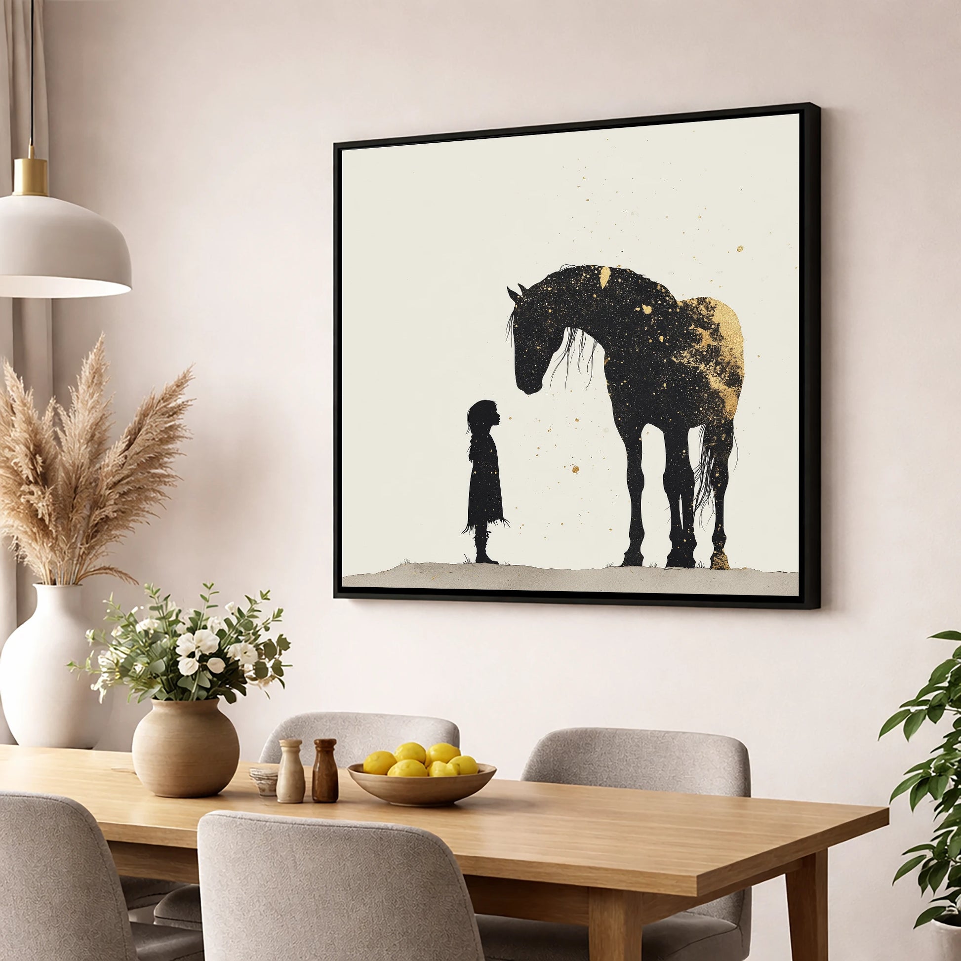 Whispers in Gold horse & rider wall art displayed in a dining room