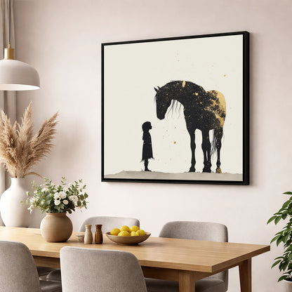 Whispers in Gold horse & rider wall art displayed in a dining room