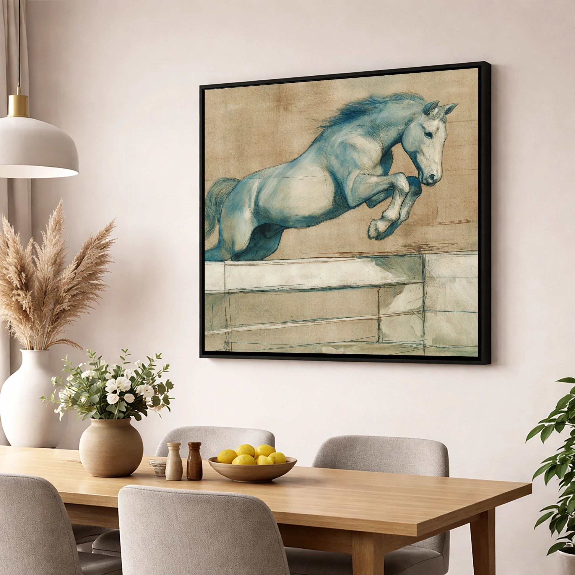 Airborne Grace show jumping horse wall art displayed in a dining room