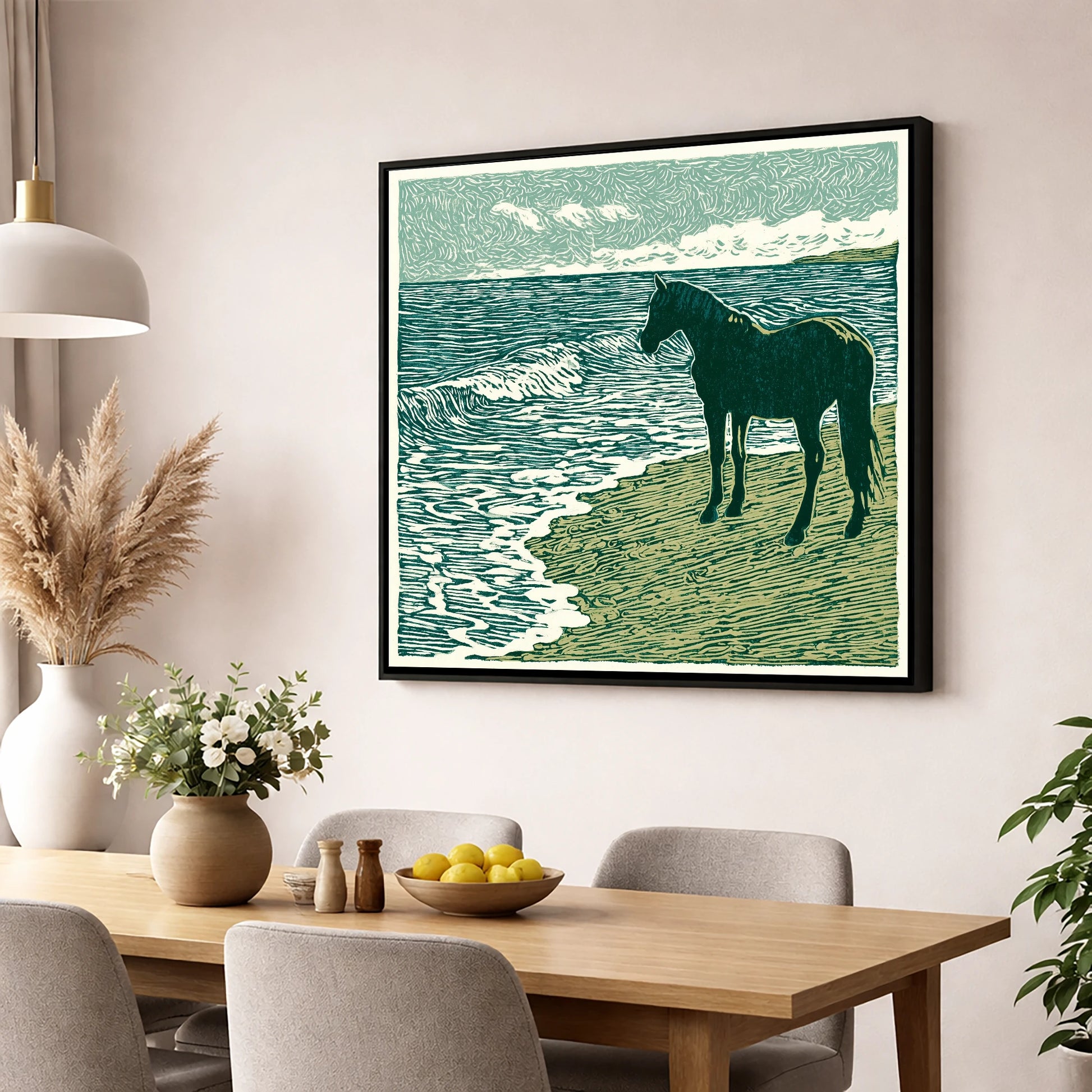 Shoreline Watch horse landscape wall art displayed in a dining room