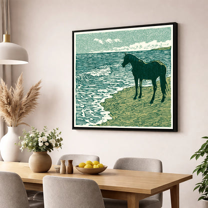 Shoreline Watch horse landscape wall art displayed in a dining room
