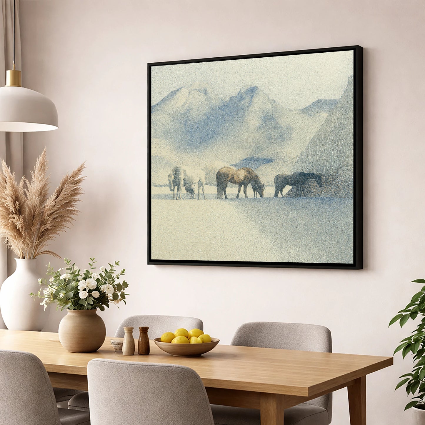 Tranquil Mountain Pasture horse landscape wall art displayed in a dining room