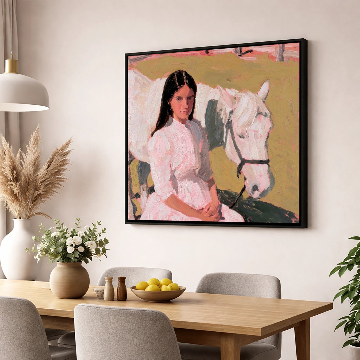 Pastel Companionship horse & rider wall art displayed in a dining room