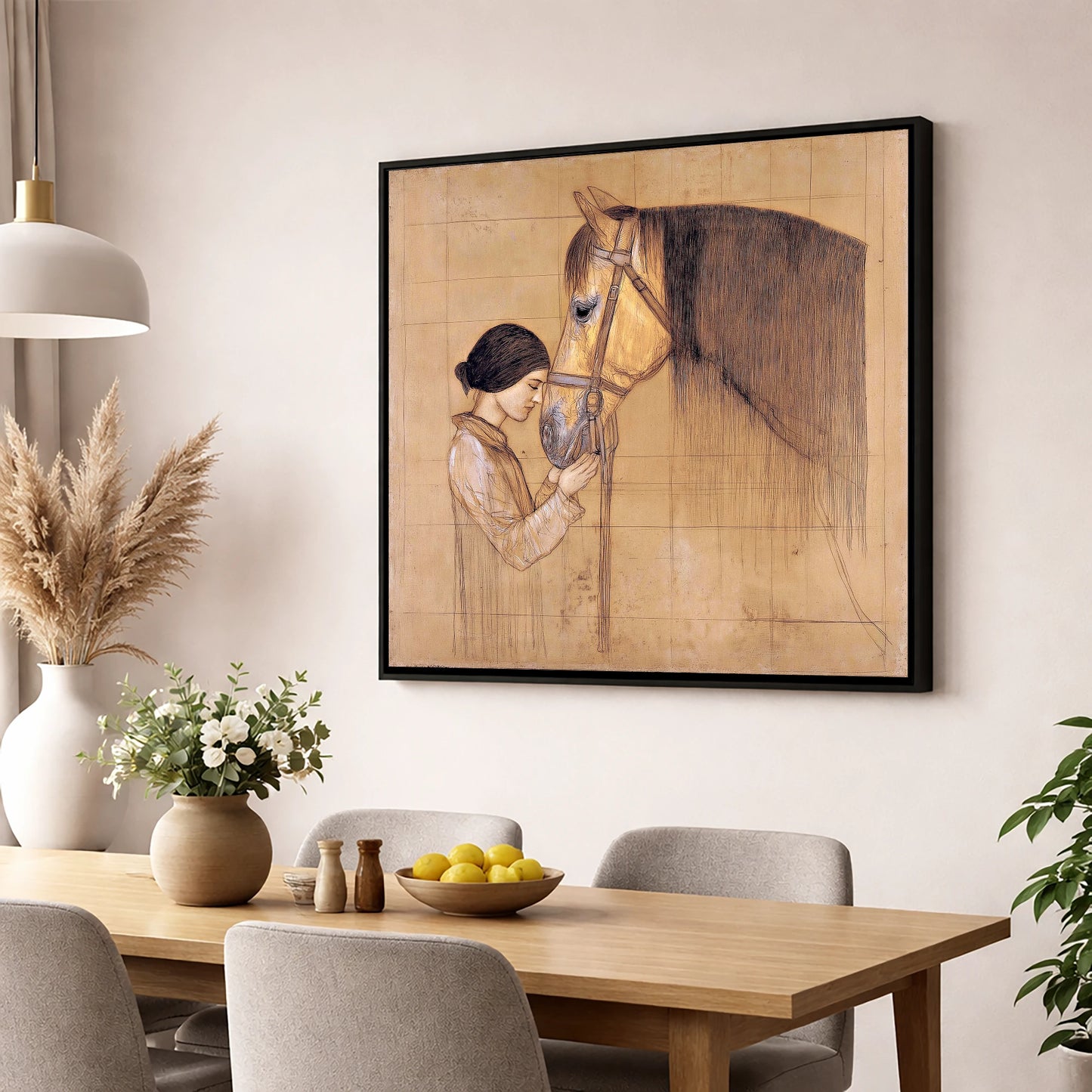 The Silent Bond horse & rider wall art displayed in a dining room