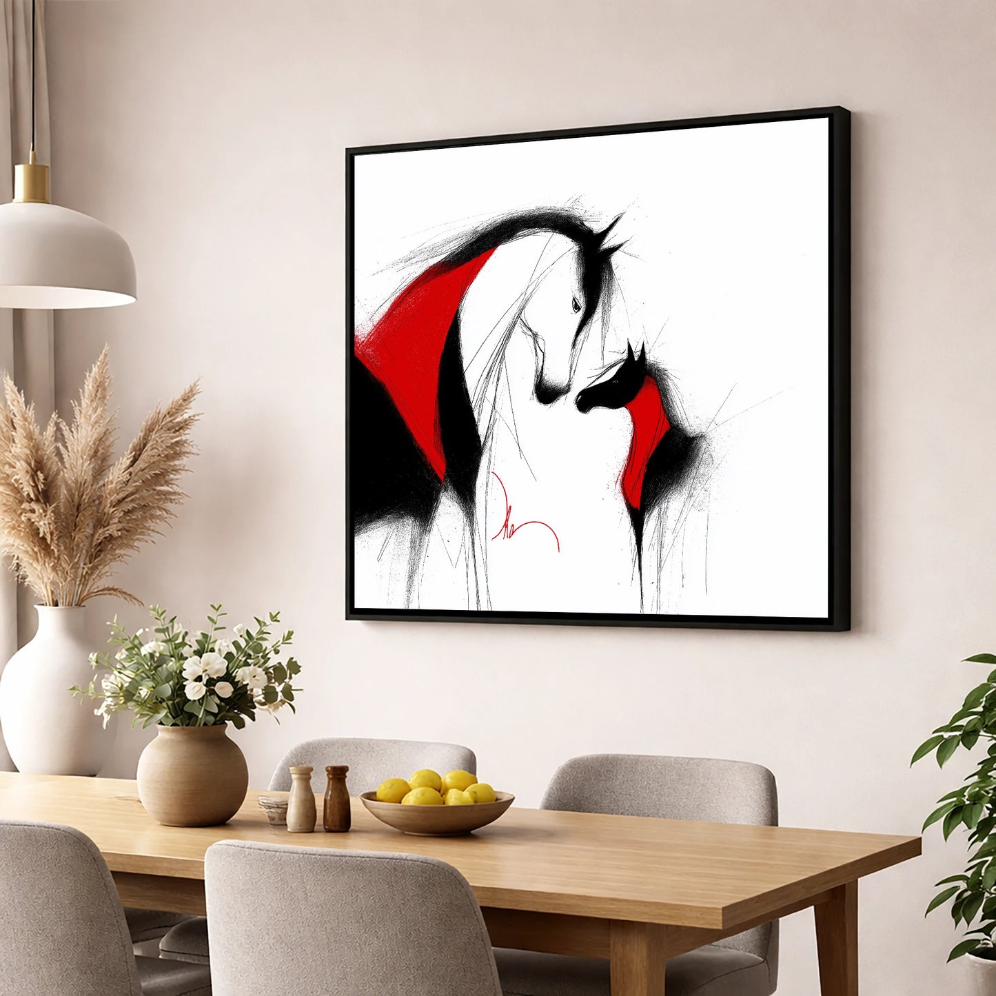 Crimson Bond mare & foal wall art displayed in a dining room