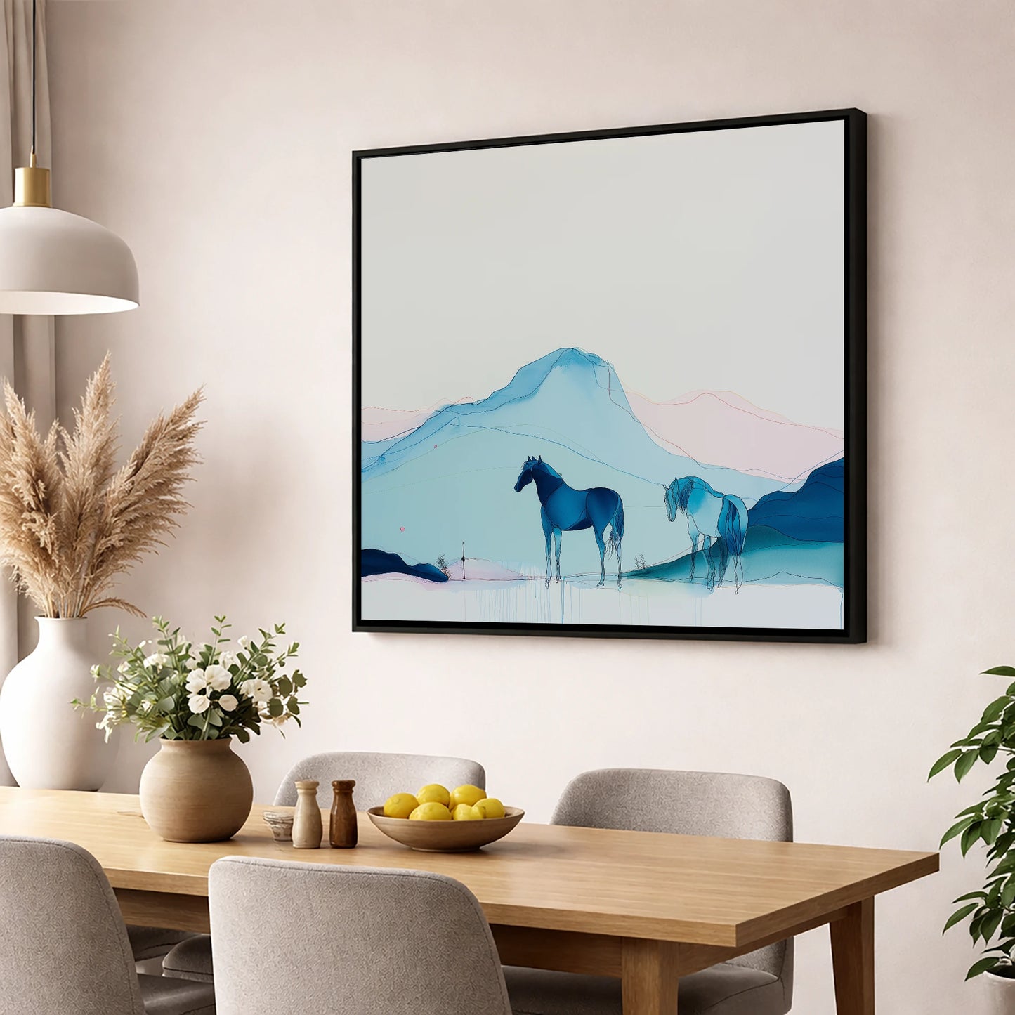 Azure Mountain Serenity horse landscape wall art displayed in a dining room