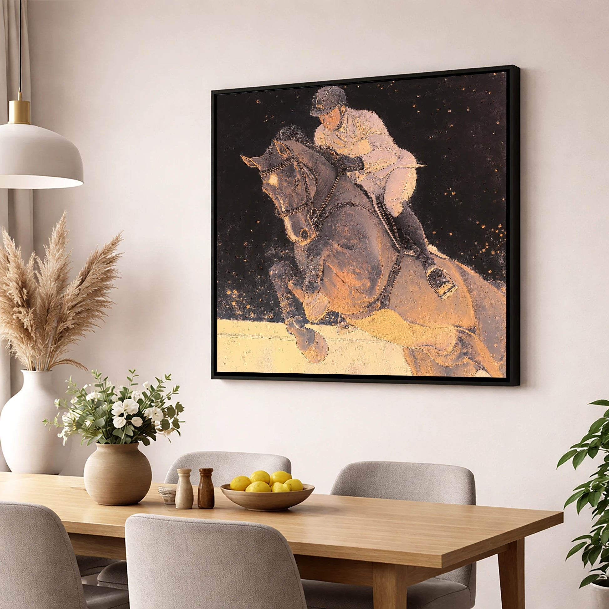 Stardust Showjumper show jumping horse wall art displayed in a dining room