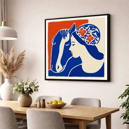 Cobalt Equine Bond horse & rider wall art displayed in a dining room