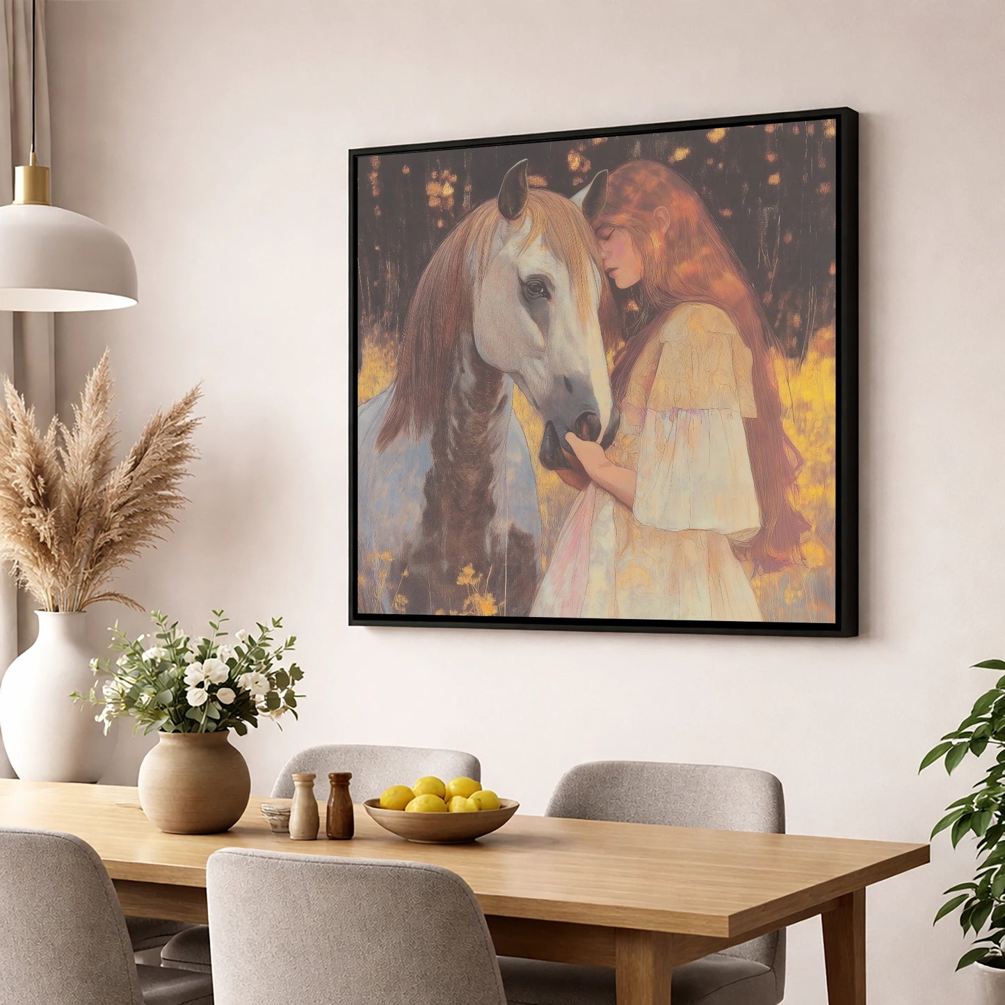 Ethereal Connection horse & rider wall art displayed in a dining room