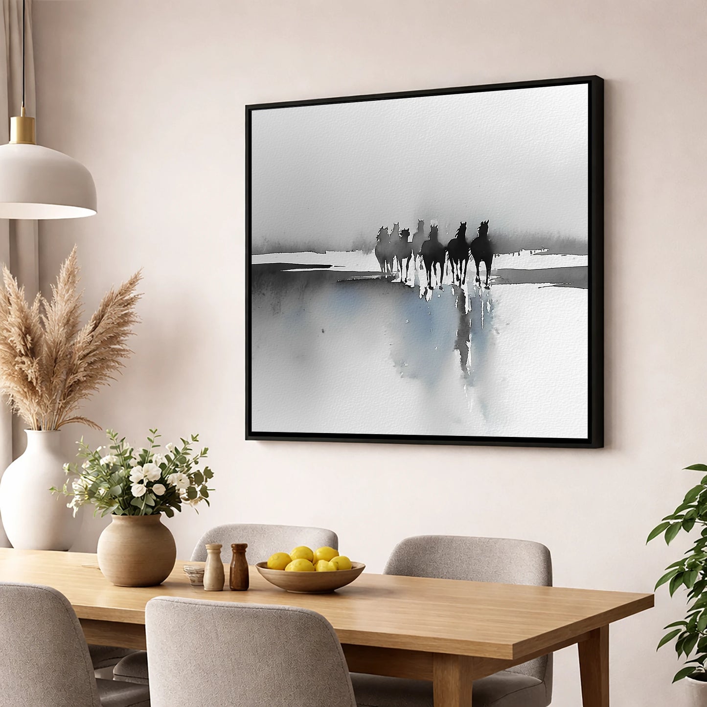 Through the Ethereal Mist horse landscape wall art displayed in a dining room