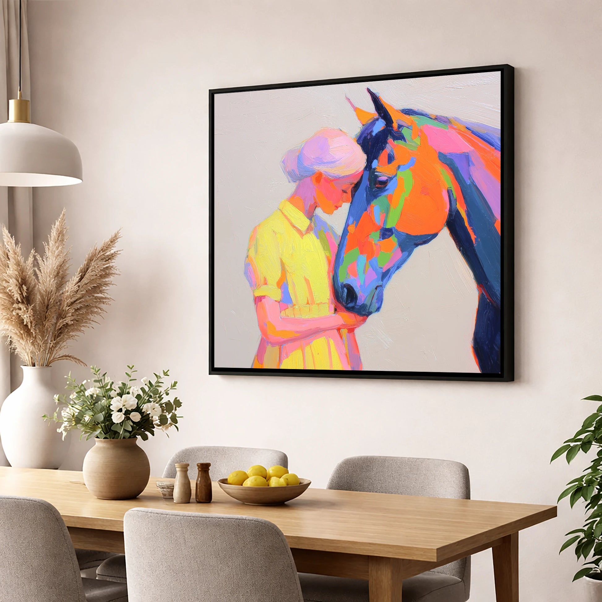 Radiant Connection horse & rider wall art displayed in a dining room