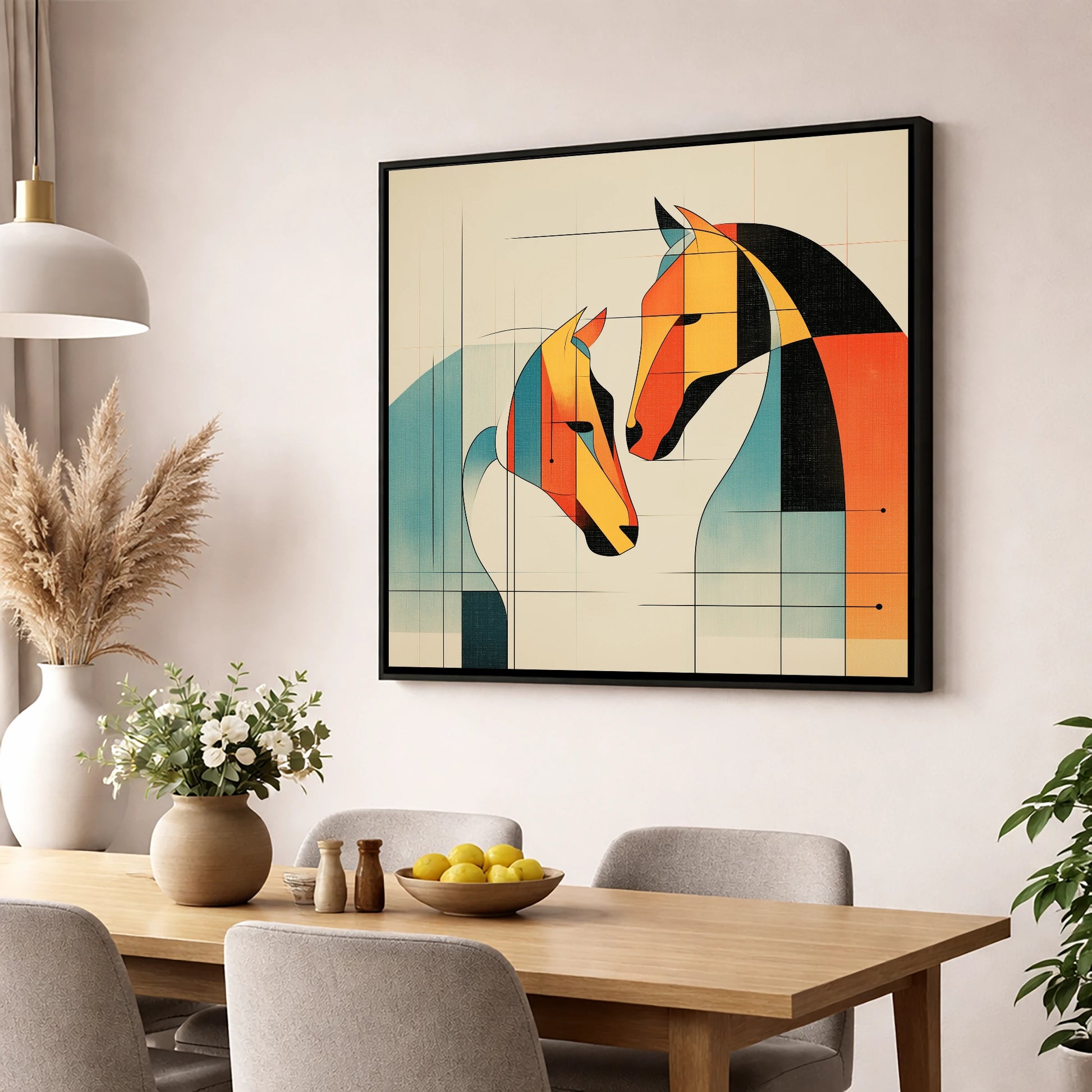 Geometric Equine Connection horse portrait wall art displayed in a dining room