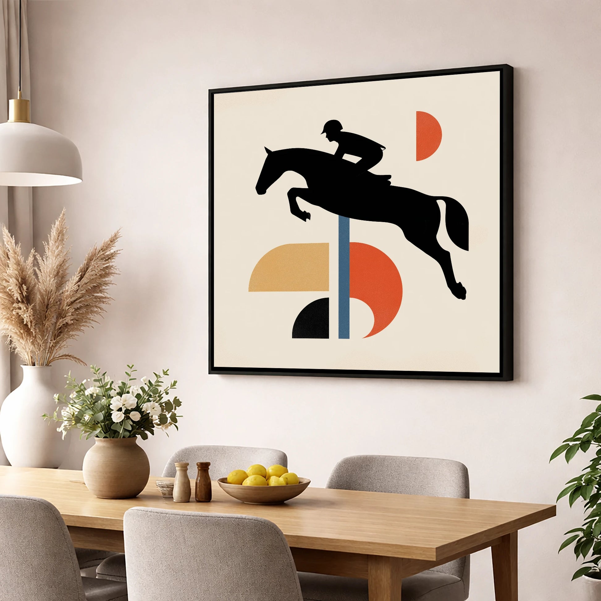 Retro Geometric Showjumper show jumping horse wall art displayed in a dining room