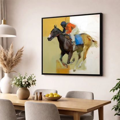 Full Stretch Momentum racing horse wall art displayed in a dining room