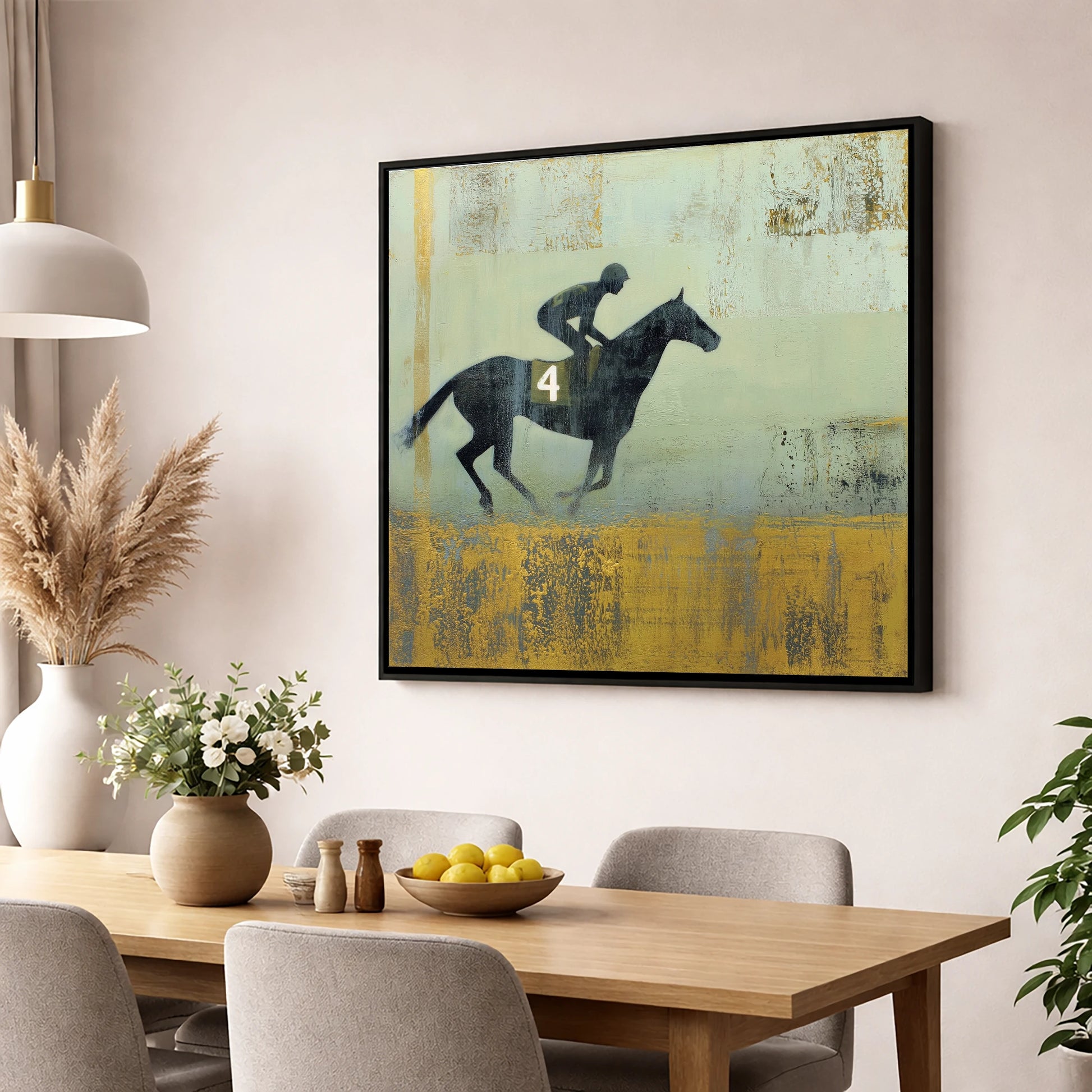 Gilded Number Four racing horse wall art displayed in a dining room