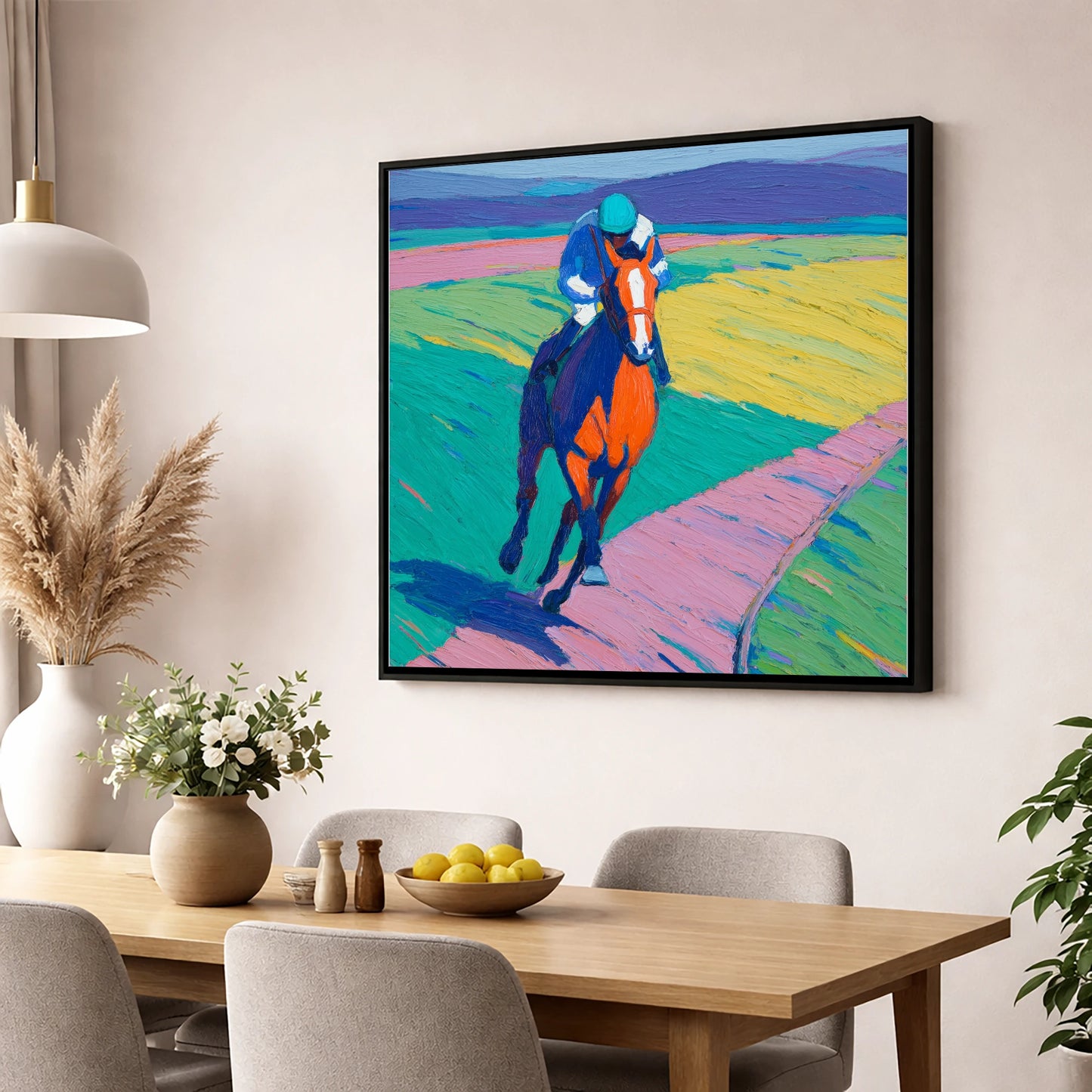 The Vivid Gallop racing horse wall art displayed in a dining room