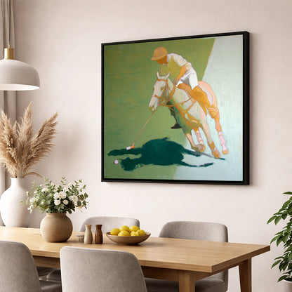 The Decisive Strike polo horse wall art displayed in a dining room