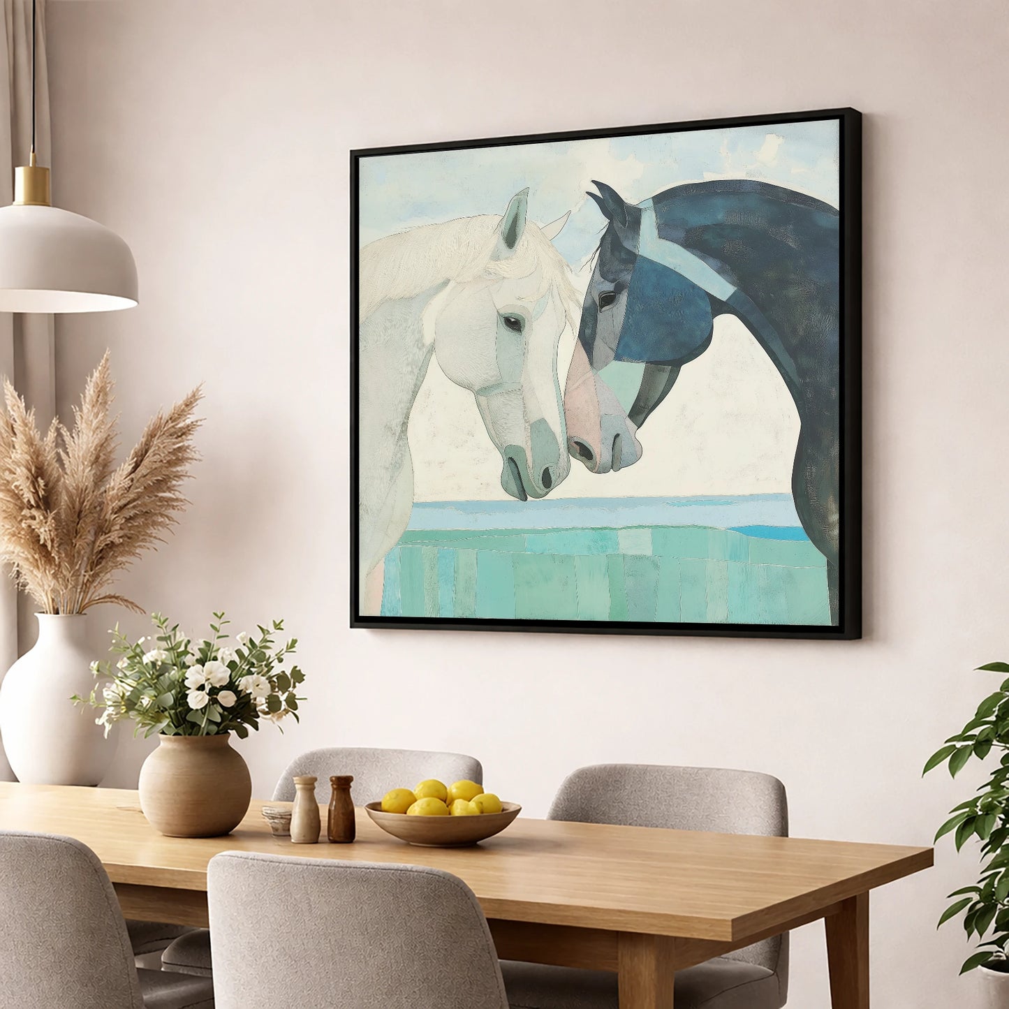 The Gentle Greeting horse portrait wall art displayed in a dining room