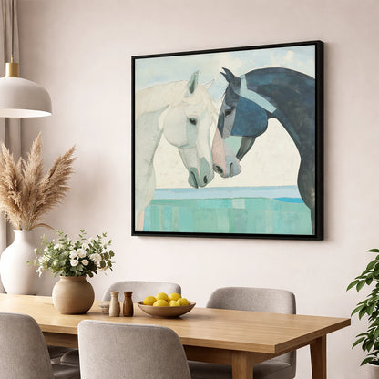 The Gentle Greeting horse portrait wall art displayed in a dining room