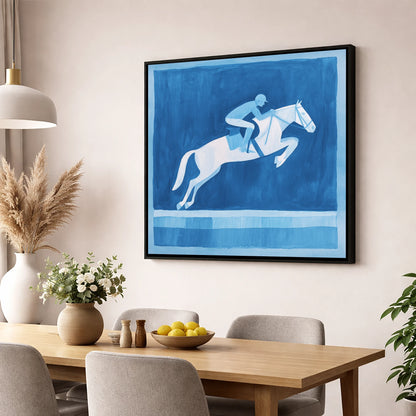 Azure Leap show jumping horse wall art displayed in a dining room