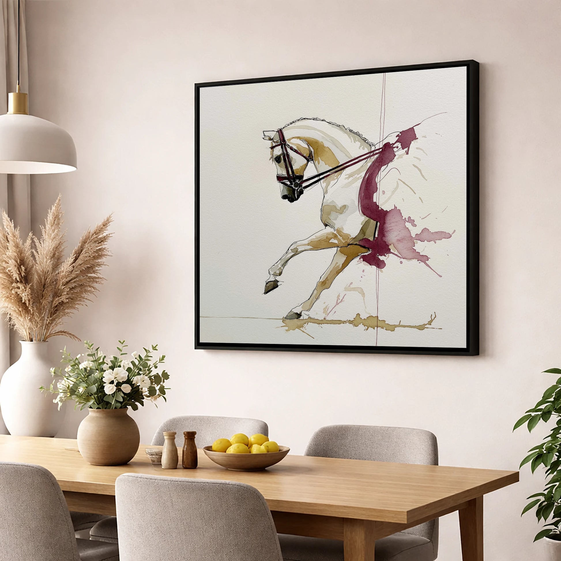 Elevated Rhythm dressage horse wall art displayed in a dining room