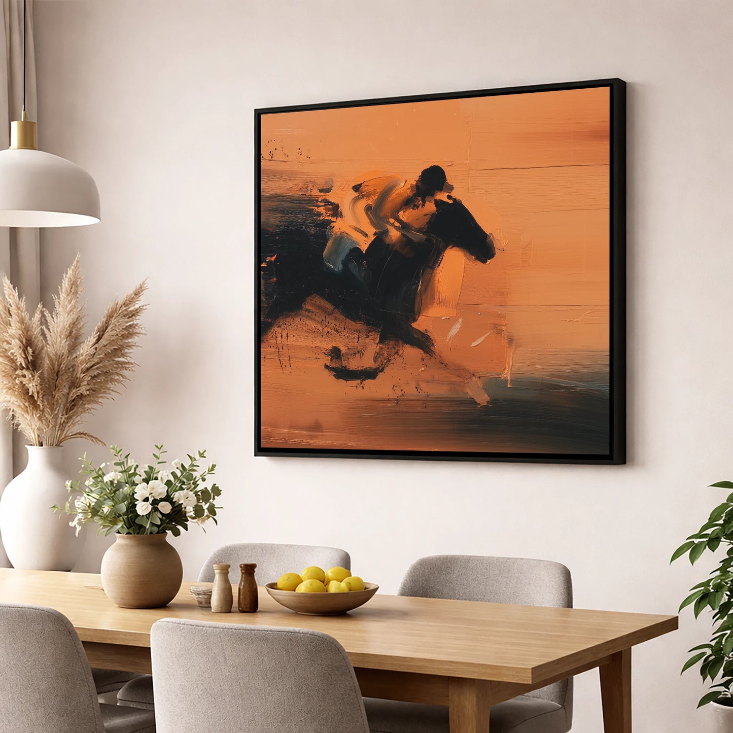 Amber Gallop racing horse wall art displayed in a dining room