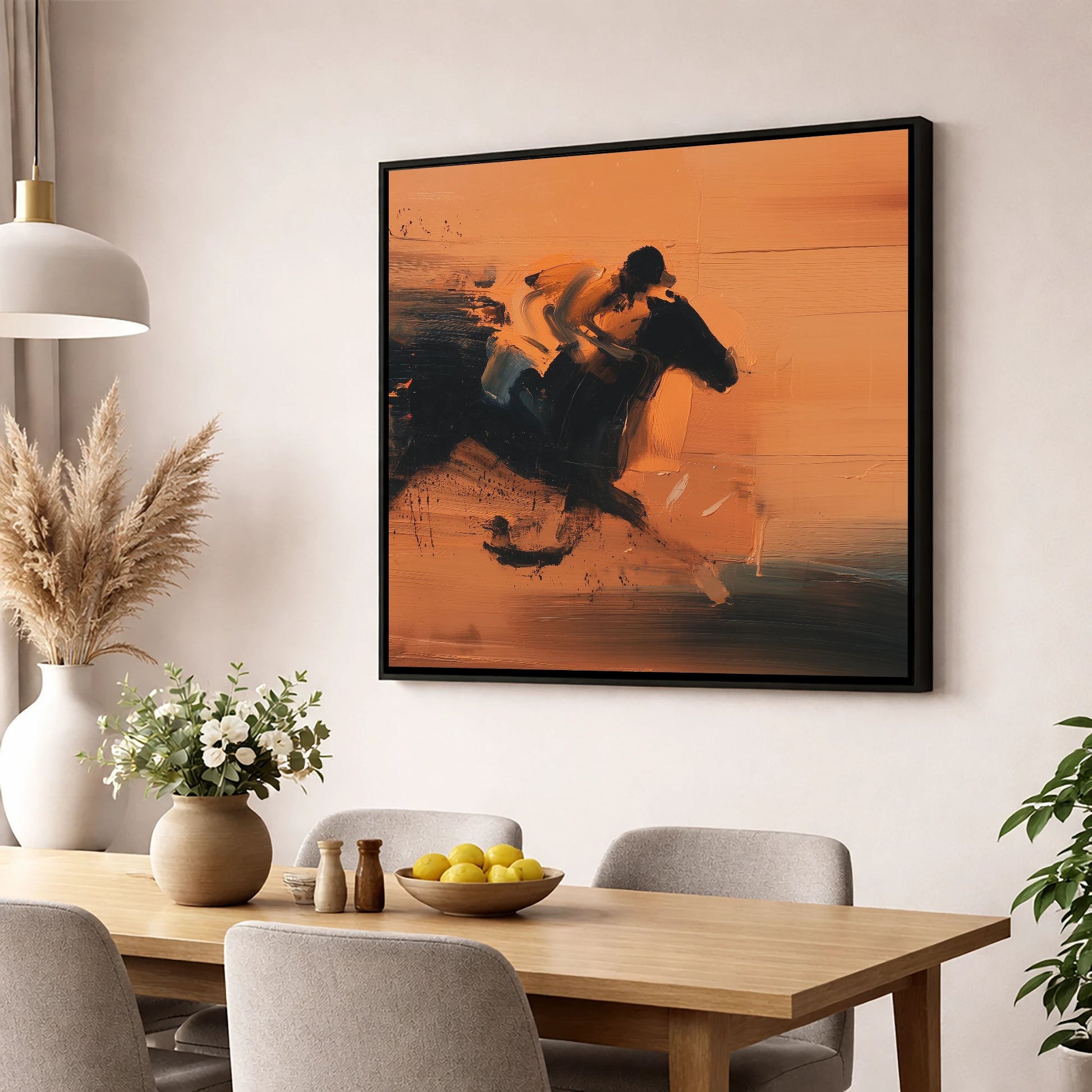 Amber Gallop racing horse wall art displayed in a dining room