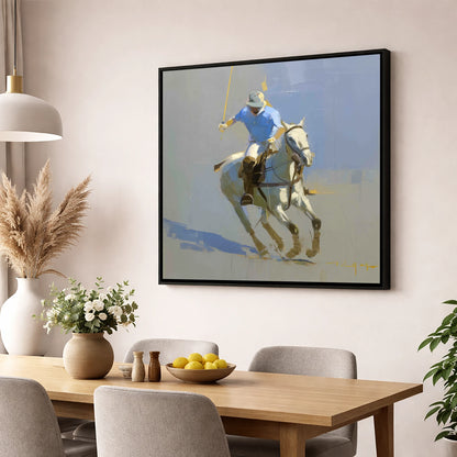 The Decisive Stroke polo horse wall art displayed in a dining room