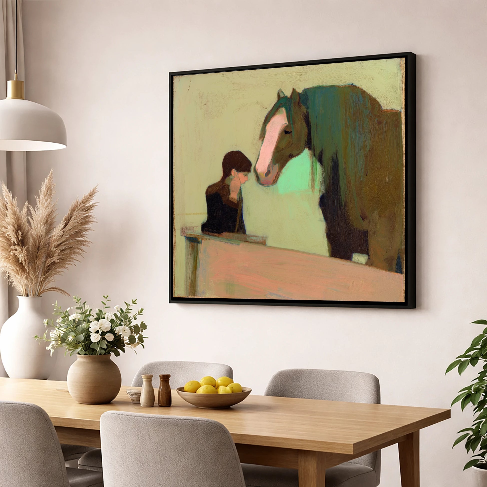 Silent Understanding horse & rider wall art displayed in a dining room