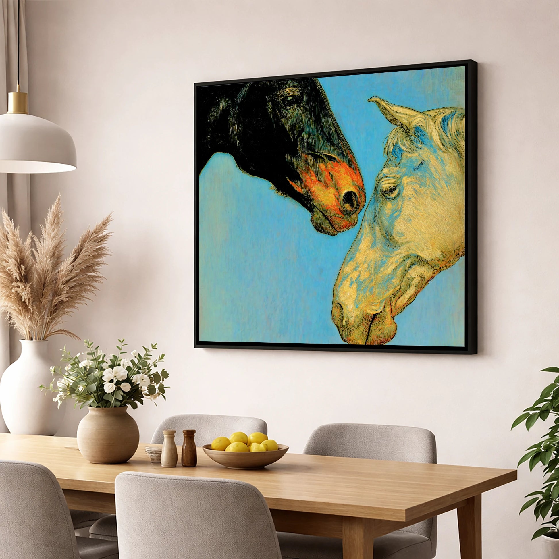 Sun and Shadow horse portrait wall art displayed in a dining room