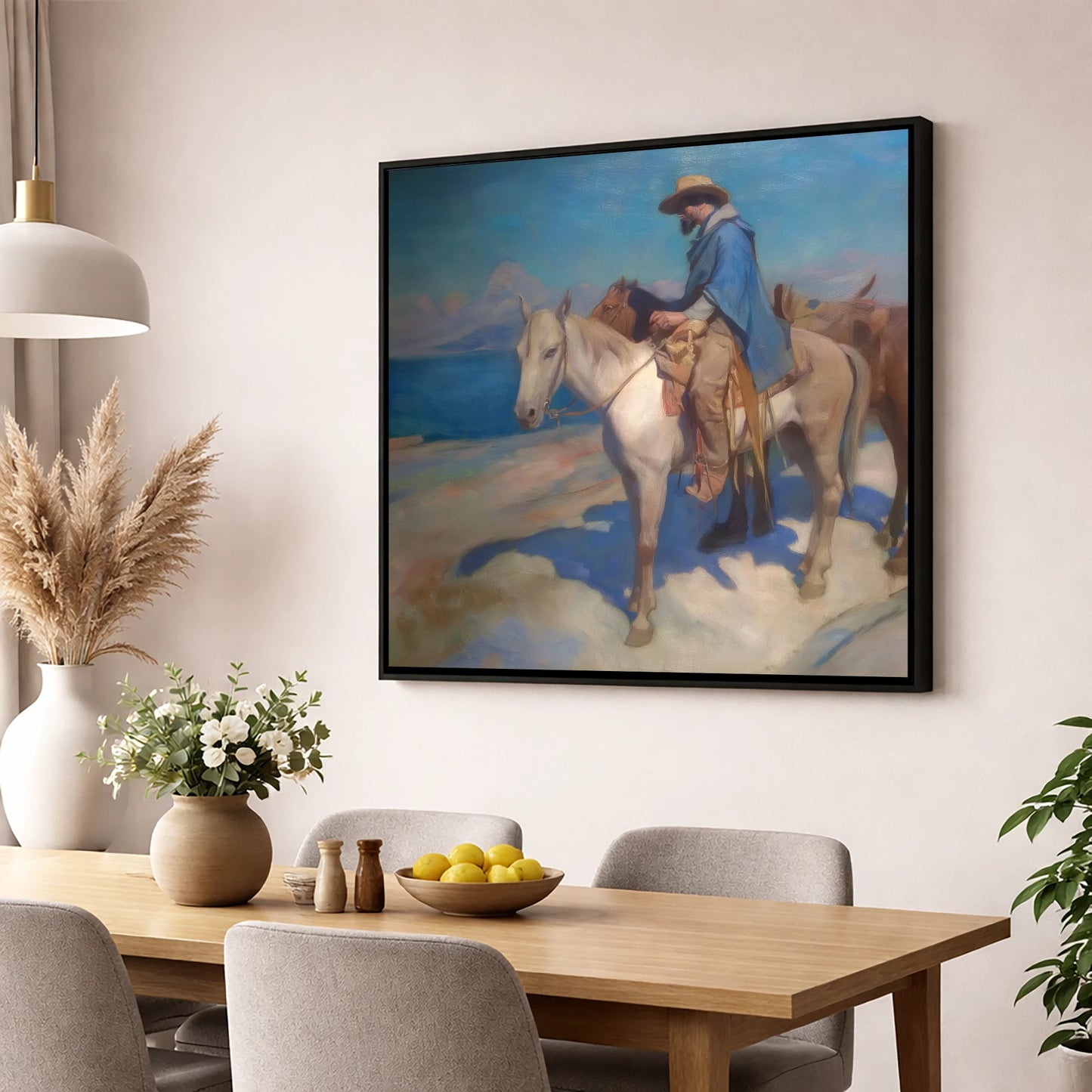 The Azure Trail western horse wall art displayed in a dining room