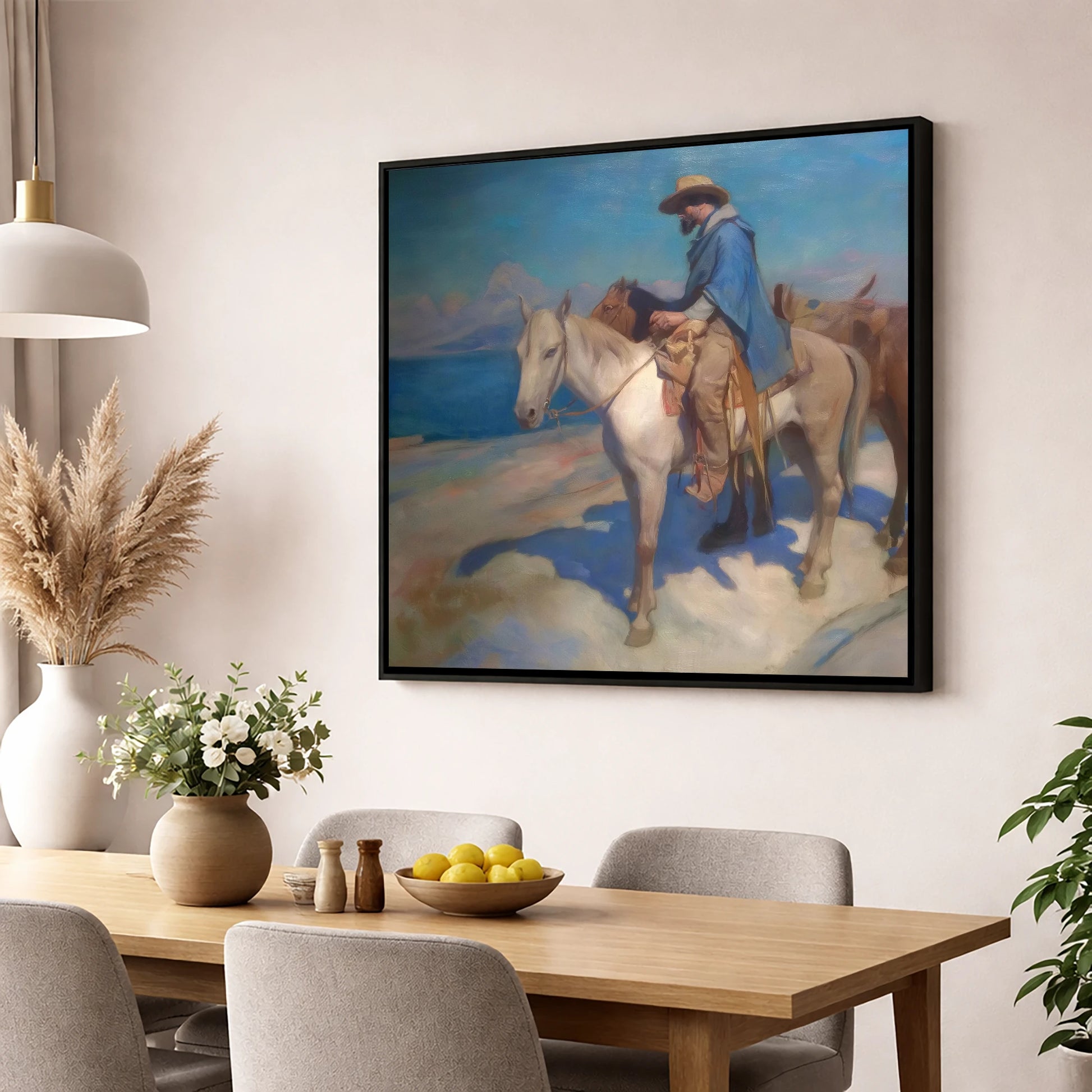 The Azure Trail western horse wall art displayed in a dining room