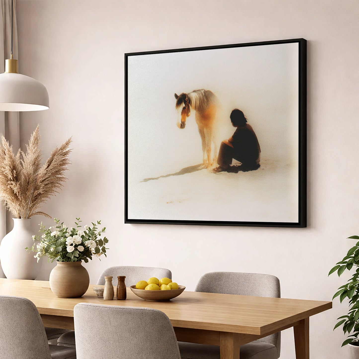 Quiet Presence horse & rider wall art displayed in a dining room