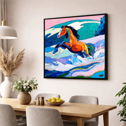 Vivid Coastal Leap beach horse wall art displayed in a dining room