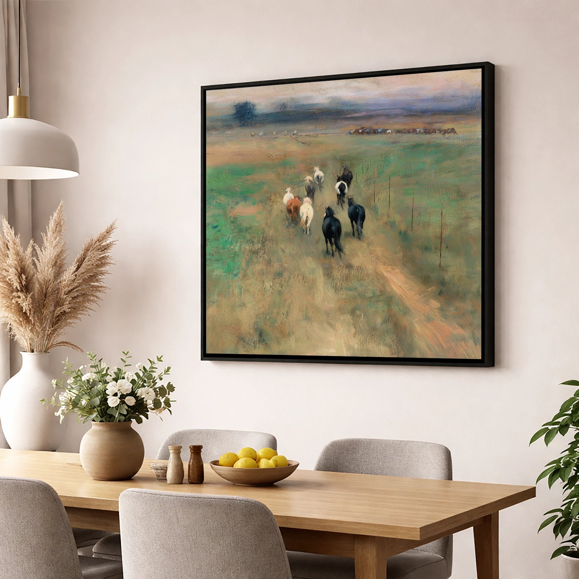 Following the Herd wild horses wall art displayed in a dining room
